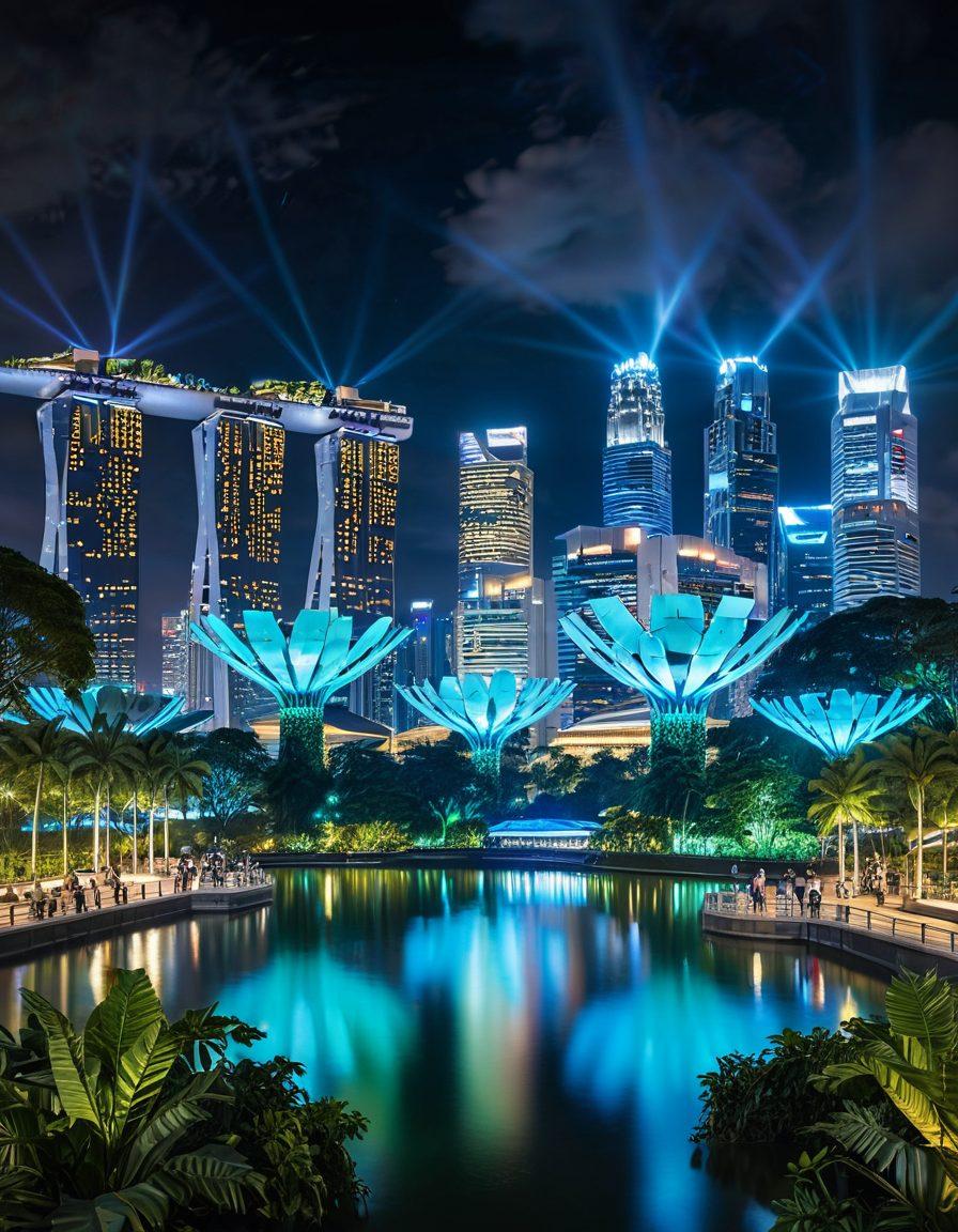 A futuristic skyline of Singapore featuring iconic buildings, overlaid with digital cryptocurrency symbols like Bitcoin and Ethereum, showcasing a blend of traditional finance and innovative technology. The scene should depict a diverse group of people interacting with holographic financial displays, symbolizing collaboration in the evolving finance landscape. The color palette should be vibrant with blues and greens to reflect innovation and prosperity. super-realistic. high-tech. vibrant colors.
