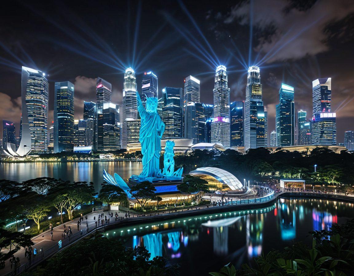 A futuristic skyline of Singapore with iconic landmarks like Marina Bay Sands and the Merlion, intertwined with digital circuit patterns symbolizing FinTech innovations. Show diverse people interacting with technology, such as smartphones and holograms, showcasing a thriving decentralized economy. Add elements of greenery to indicate sustainability. super-realistic. vibrant colors. cyberpunk.