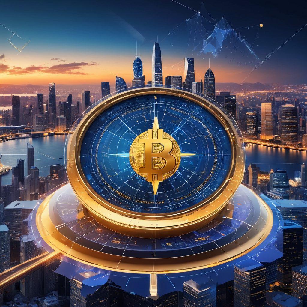 A dynamic visual representation of cryptocurrency investment strategies featuring Bitcoin and Ethereum symbols prominently, surrounded by abstract graphs and charts depicting market trends. Incorporate elements like a compass to symbolize navigation, with a futuristic city skyline in the background representing the digital finance landscape. The color palette should be vibrant blues and golds, reflecting innovation and wealth. super-realistic. vibrant colors. digital art.